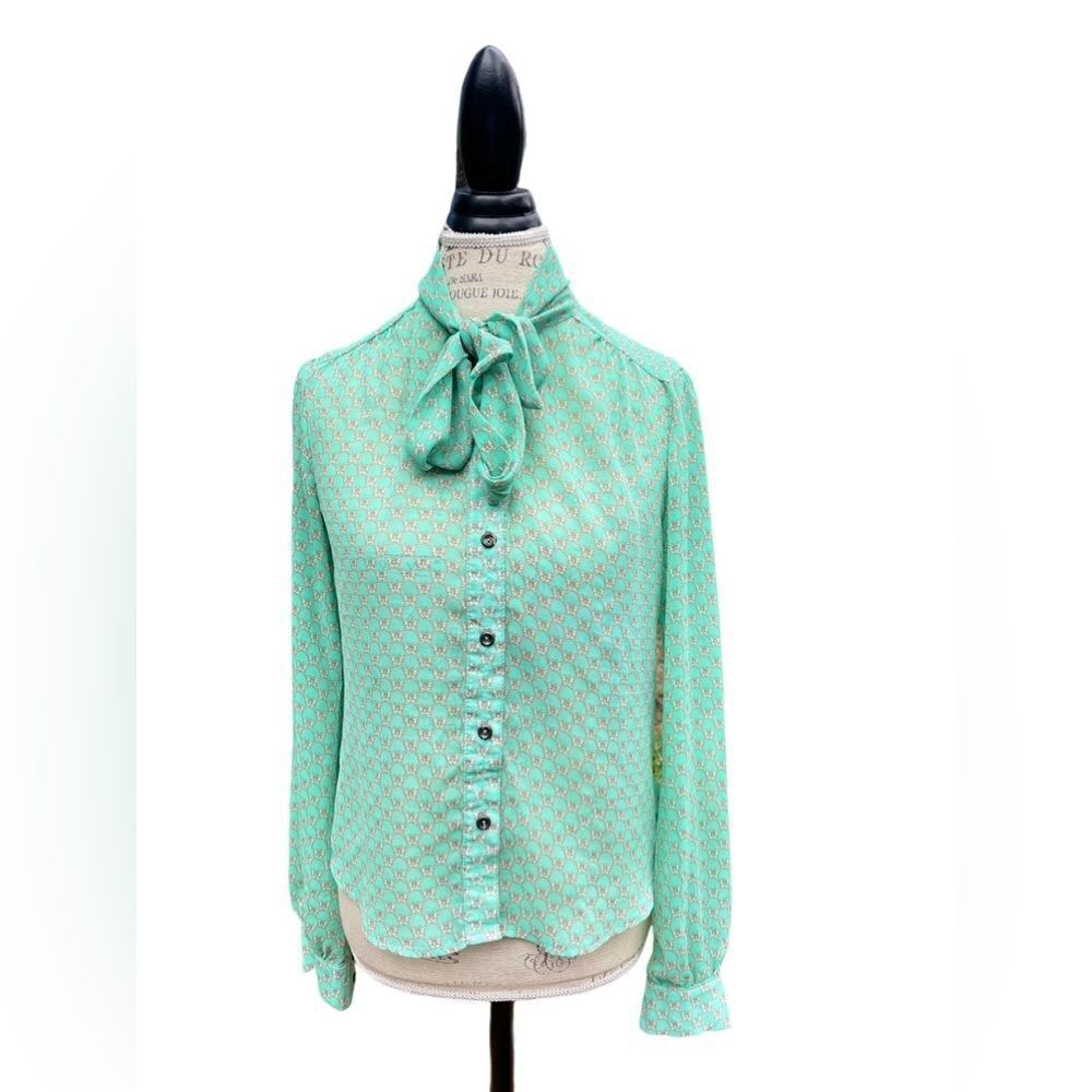 Super Cute Sheer Butterfly Mint Green tie neck blouse Pauln KC Large